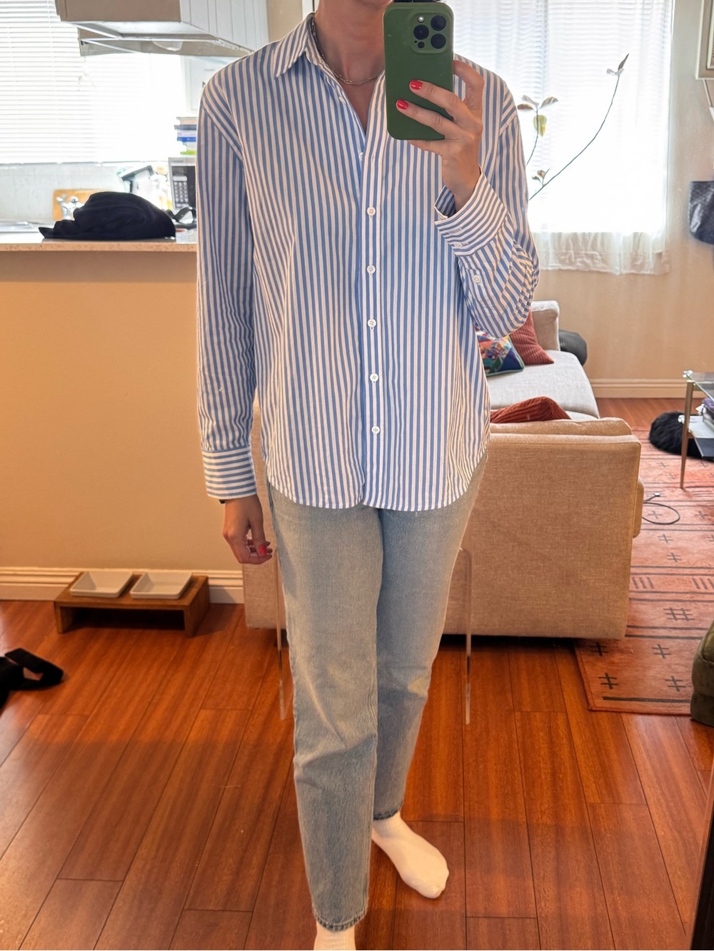 Reformation Blue and White Striped Button-Down Shirt
